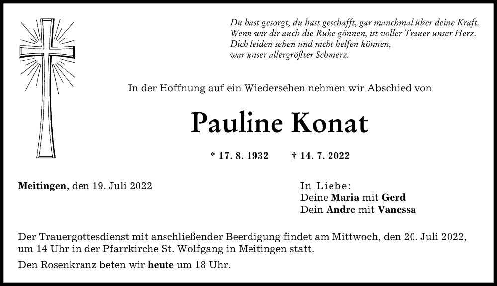  Traueranzeige für Pauline Konat vom 19.07.2022 aus Augsburg-Land