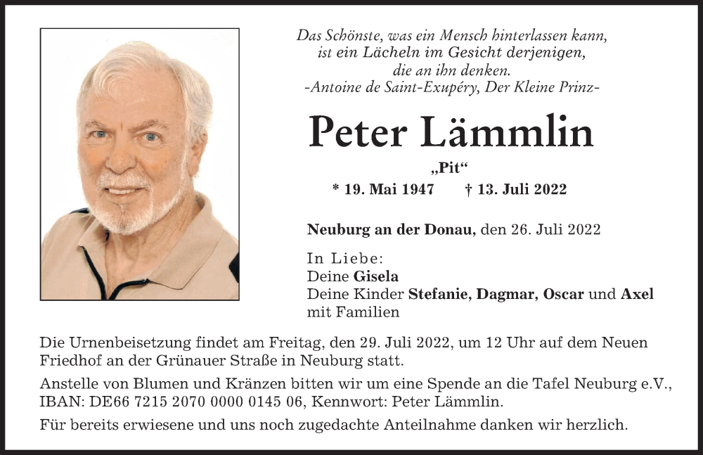 Traueranzeige von Peter Lämmlin von Neuburger Rundschau