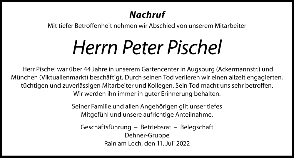 Traueranzeige von Peter Pischel von Augsburger Allgemeine