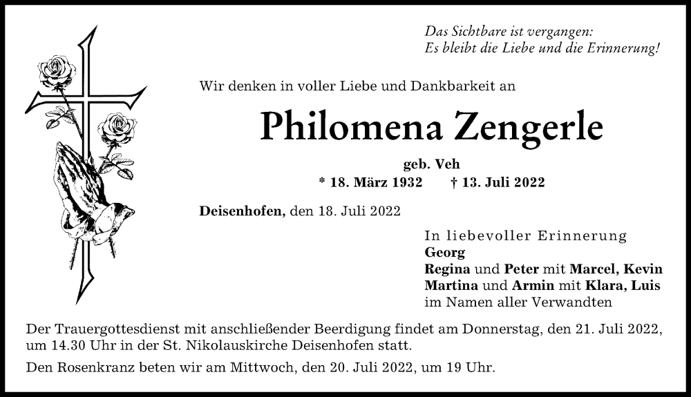 Traueranzeige von Philomena Zengerle von Donau Zeitung