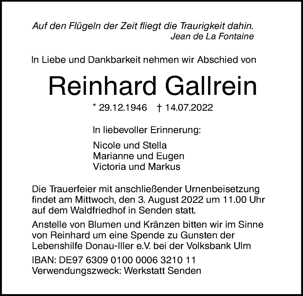 Traueranzeige von Reinhard Gallrein von Augsburger Allgemeine, Neu-Ulmer Zeitung