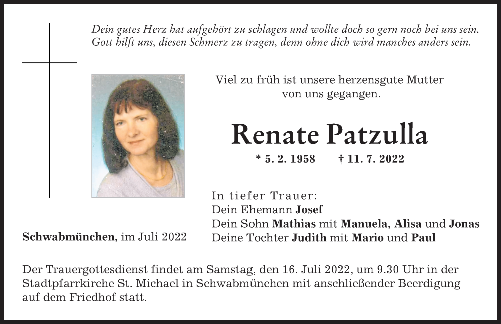 Traueranzeige von Renate Patzulla von Schwabmünchner Allgemeine