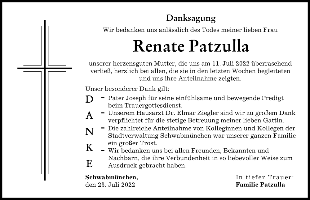 Traueranzeige von Renate Patzulla von Schwabmünchner Allgemeine