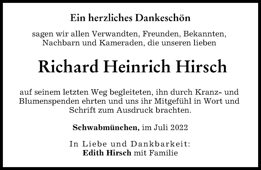 Traueranzeige von Richard Heinrich Hirsch von Schwabmünchner Allgemeine