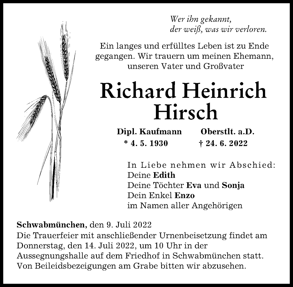 Traueranzeige von Richard Heinrich Hirsch von Schwabmünchner Allgemeine