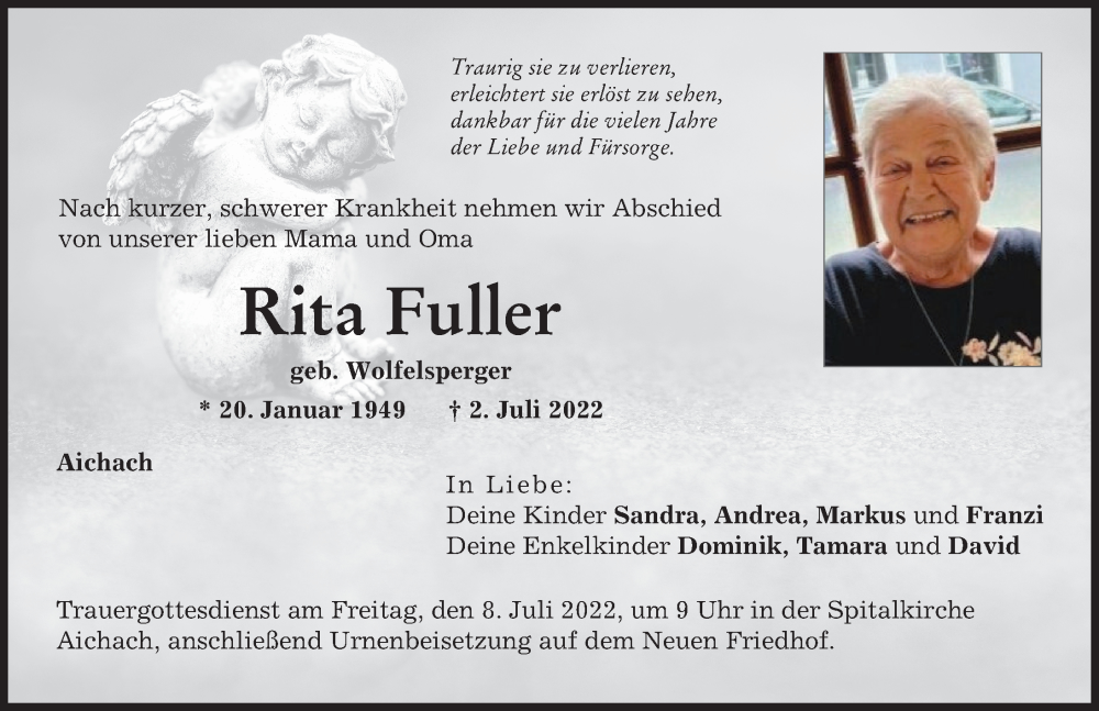  Traueranzeige für Rita Fuller vom 05.07.2022 aus Aichacher Nachrichten