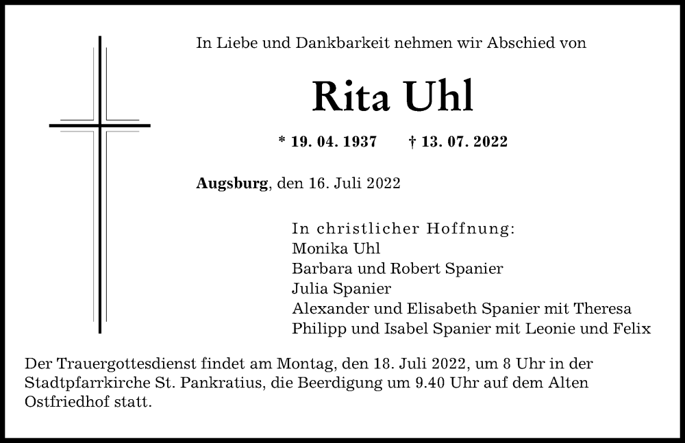 Traueranzeige von Rita Uhl von Augsburger Allgemeine