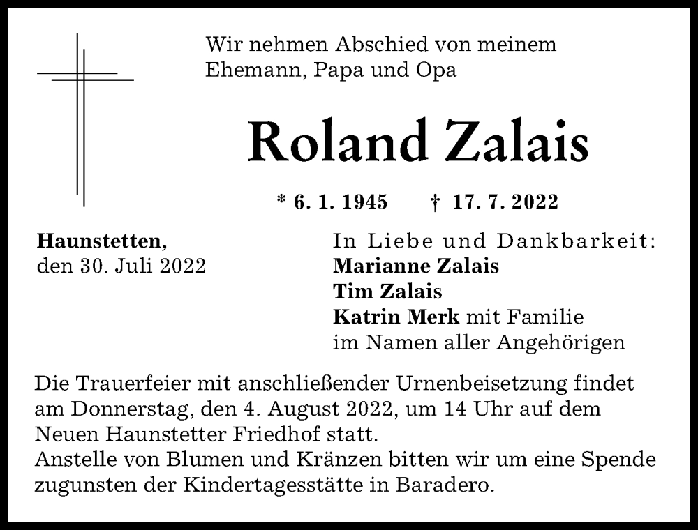 Traueranzeige von Roland Zalais von Augsburger Allgemeine