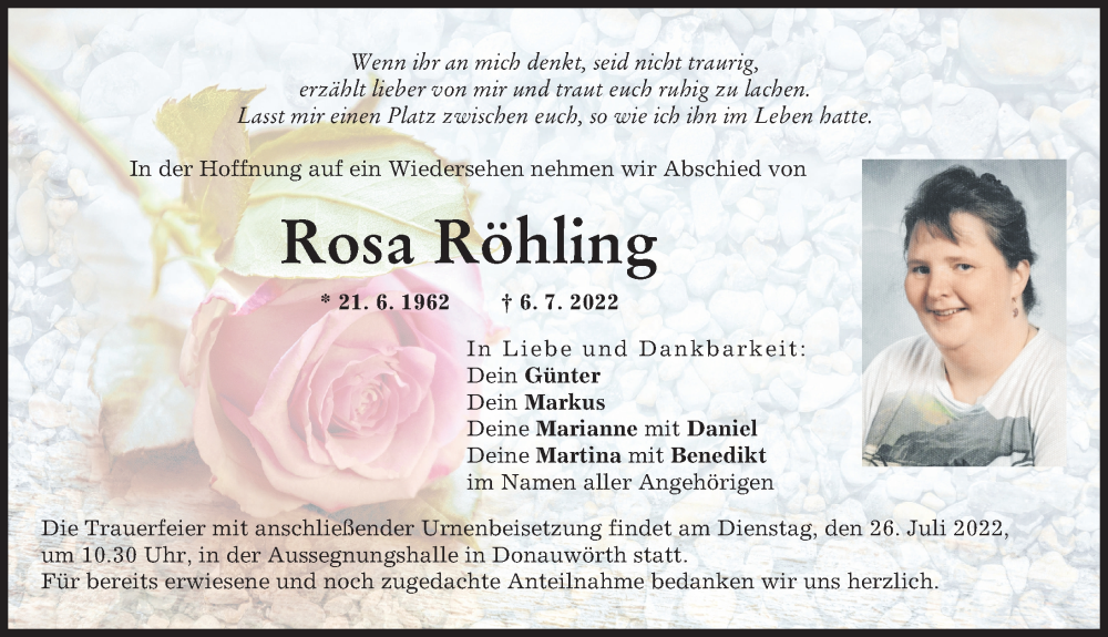 Traueranzeige von Rosa Röhling von Donauwörther Zeitung