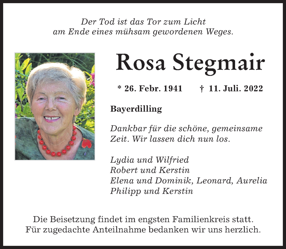 Traueranzeige von Rosa Stegmair von Donauwörther Zeitung