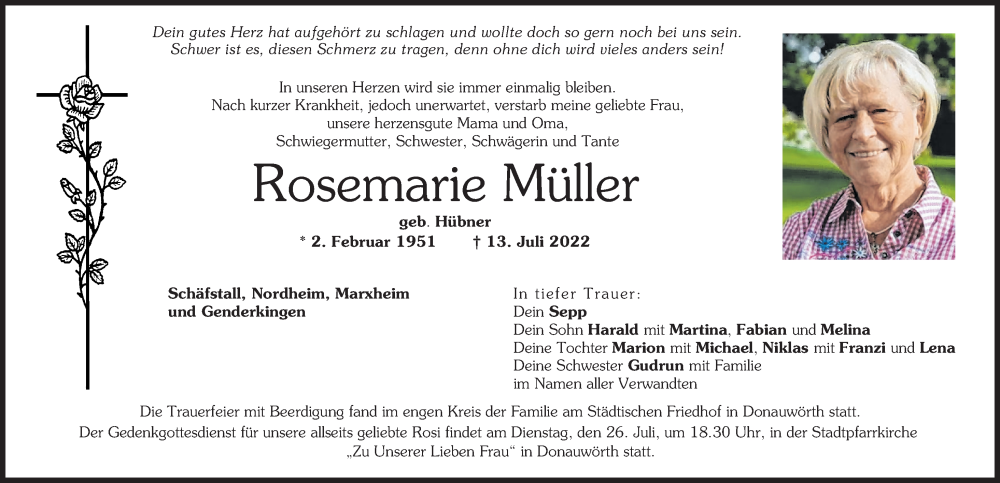 Traueranzeige von Rosemarie Müller von Donauwörther Zeitung