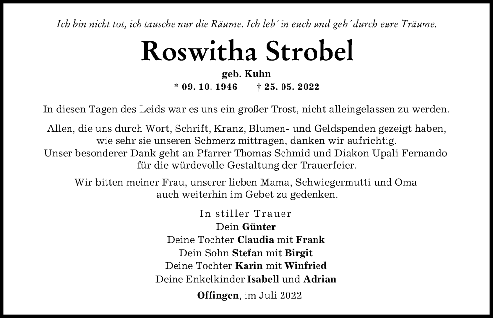 Traueranzeige von Roswitha Strobel von Günzburger Zeitung