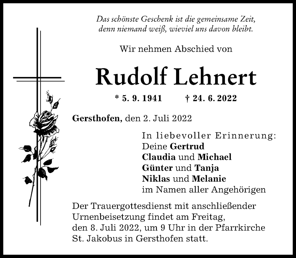  Traueranzeige für Rudolf Lehnert vom 02.07.2022 aus Augsburger Allgemeine