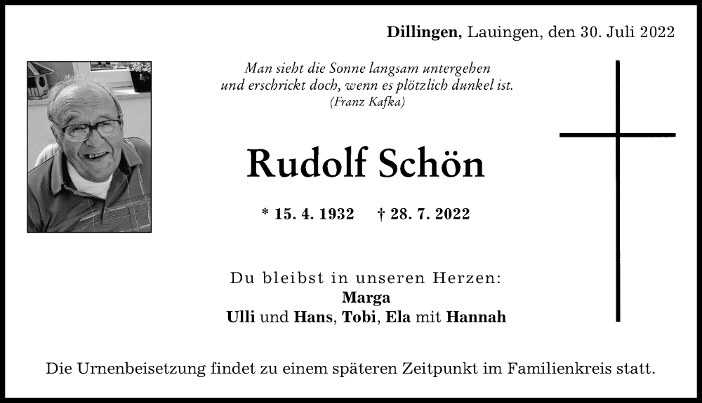  Traueranzeige für Rudolf Schön vom 30.07.2022 aus Donau Zeitung