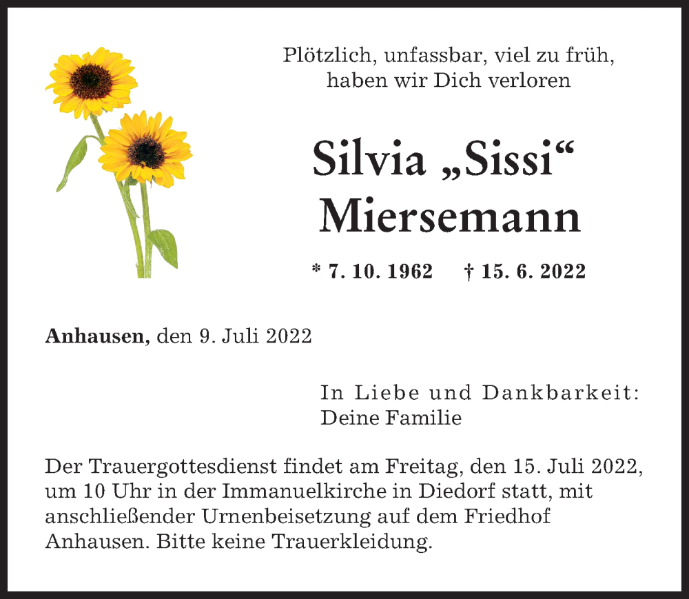  Traueranzeige für Silvia Miersemann vom 09.07.2022 aus Augsburger Allgemeine