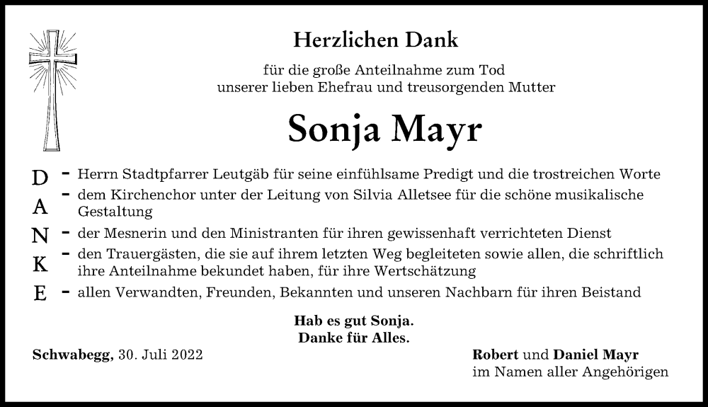  Traueranzeige für Sonja Mayr vom 30.07.2022 aus Schwabmünchner Allgemeine