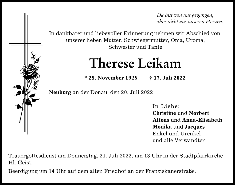  Traueranzeige für Therese Leikam vom 20.07.2022 aus Neuburger Rundschau