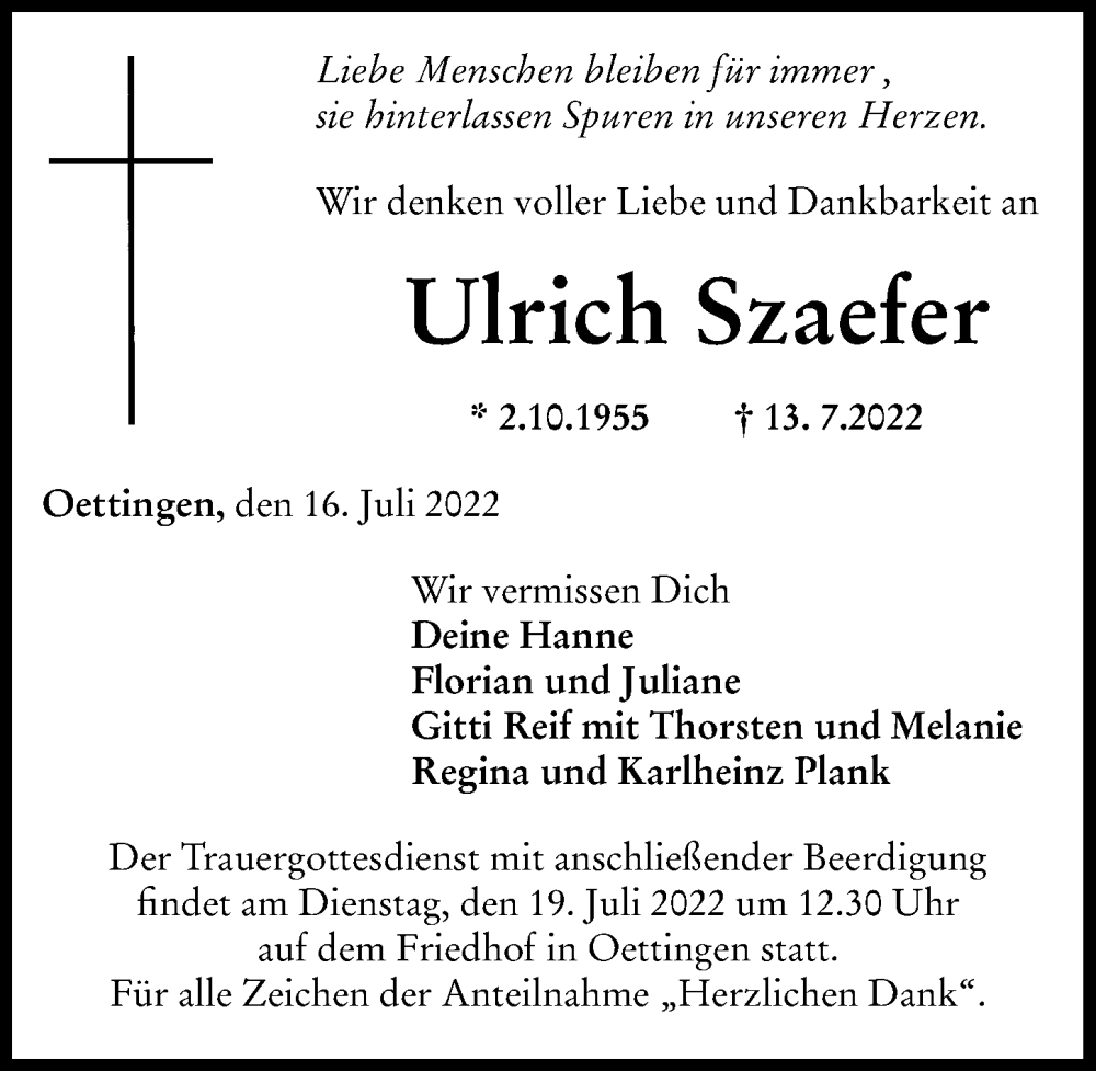 Traueranzeige von Ulrich Szaefer von Rieser Nachrichten