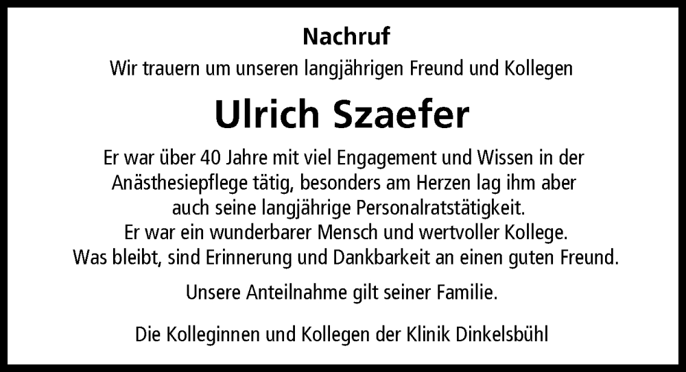 Traueranzeige von Ulrich Szaefer von Rieser Nachrichten