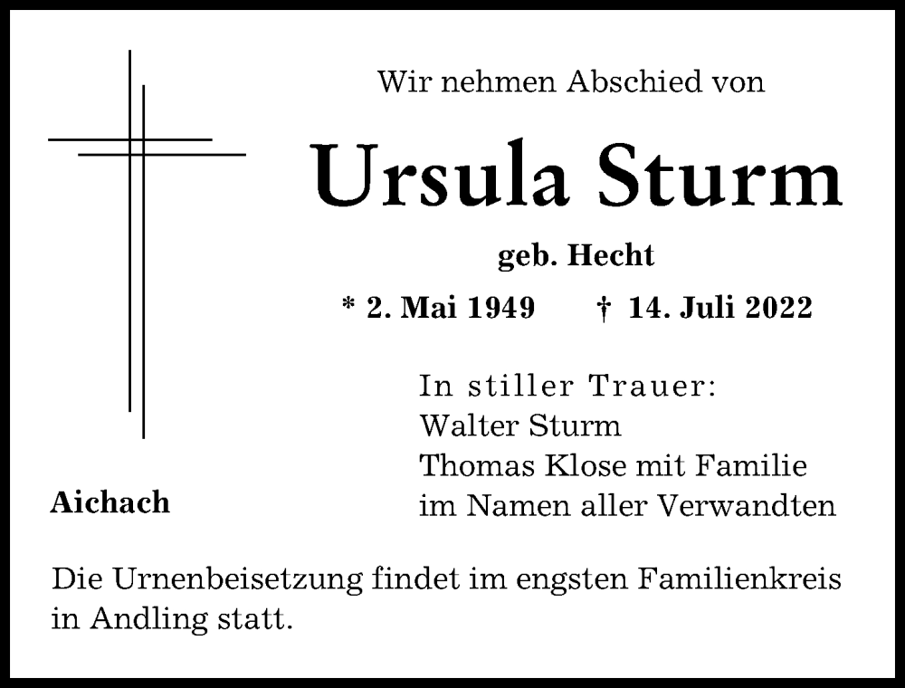 Traueranzeige von Ursula Sturm von Augsburger Allgemeine