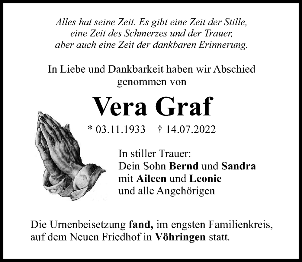 Traueranzeige von Vera Graf von Illertisser Zeitung