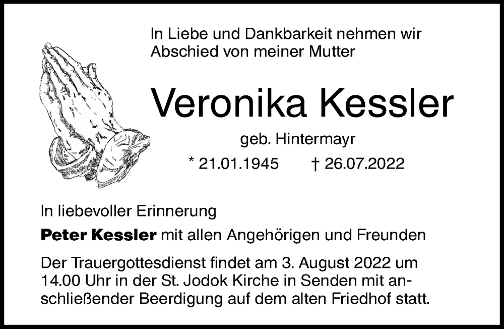 Traueranzeige von Veronika Kessler von Augsburger Allgemeine, Neu-Ulmer Zeitung