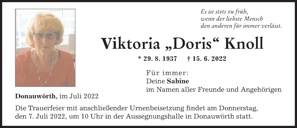 Traueranzeige von Viktoria Doris Knoll von Donauwörther Zeitung