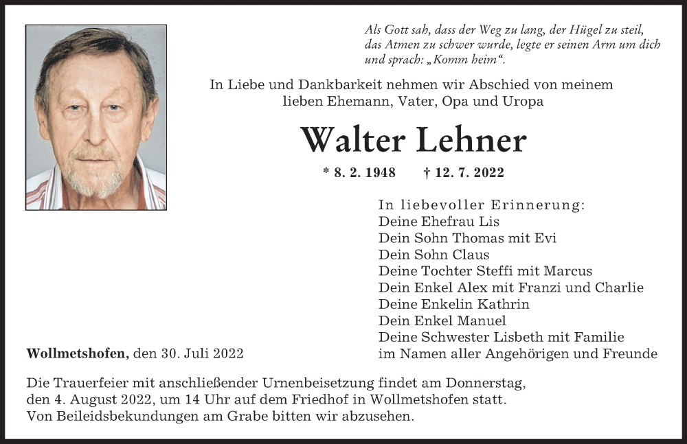  Traueranzeige für Walter Lehner vom 30.07.2022 aus Augsburger Allgemeine