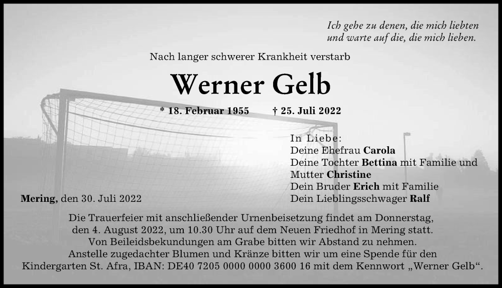  Traueranzeige für Werner Gelb vom 30.07.2022 aus Friedberger Allgemeine