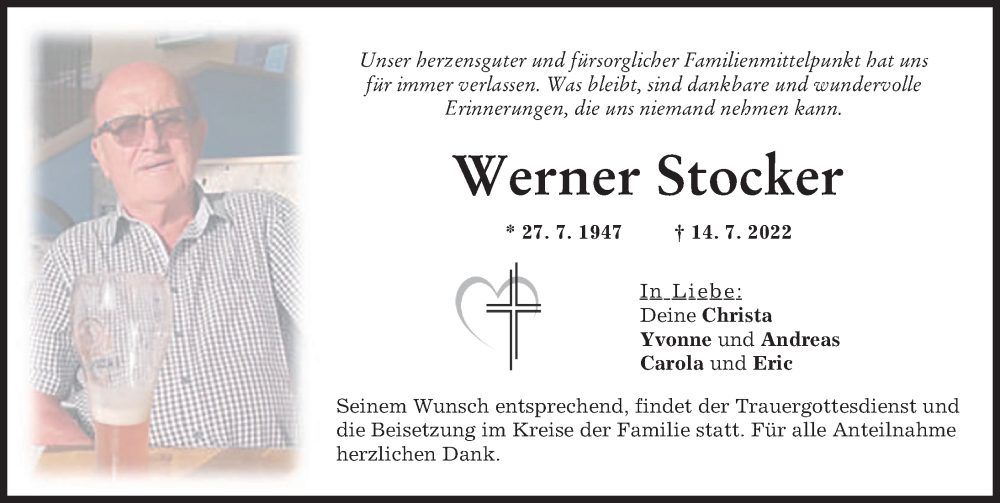 Traueranzeige von Werner Stocker von Donau Zeitung