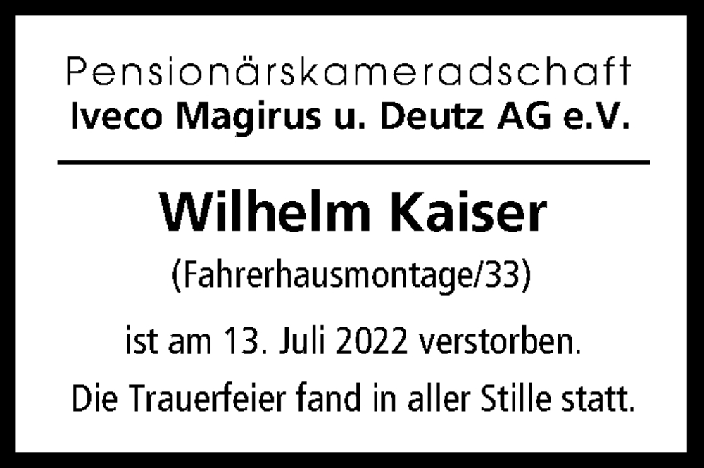 Traueranzeige von Wilhelm Kaiser von Illertisser Zeitung, Günzburger Zeitung, Neu-Ulmer Zeitung