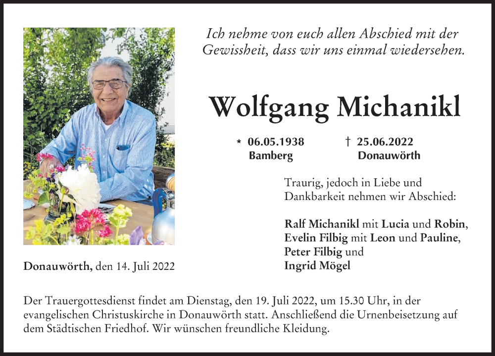 Traueranzeige von Wolfgang Michanikl von Donauwörther Zeitung