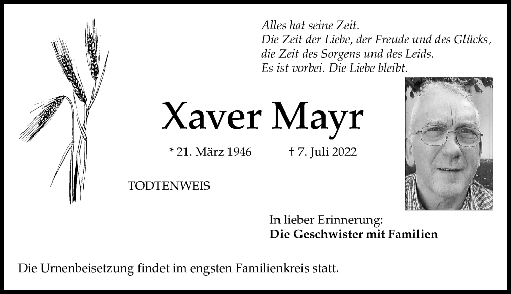 Traueranzeigen Von Xaver Mayr Augsburger Allgemeine Zeitung