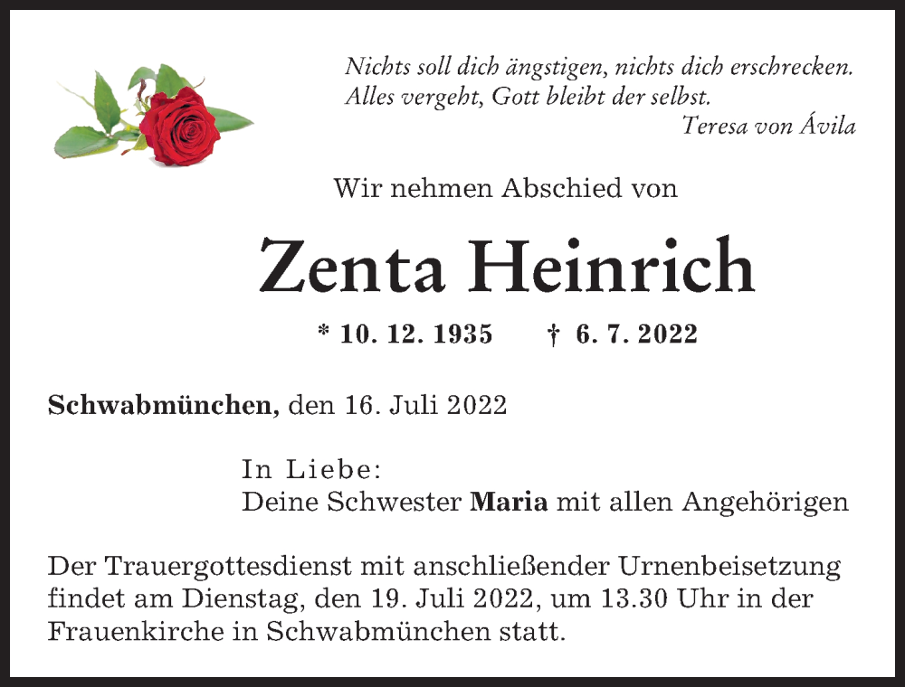 Traueranzeige von Zenta Heinrich von Schwabmünchner Allgemeine