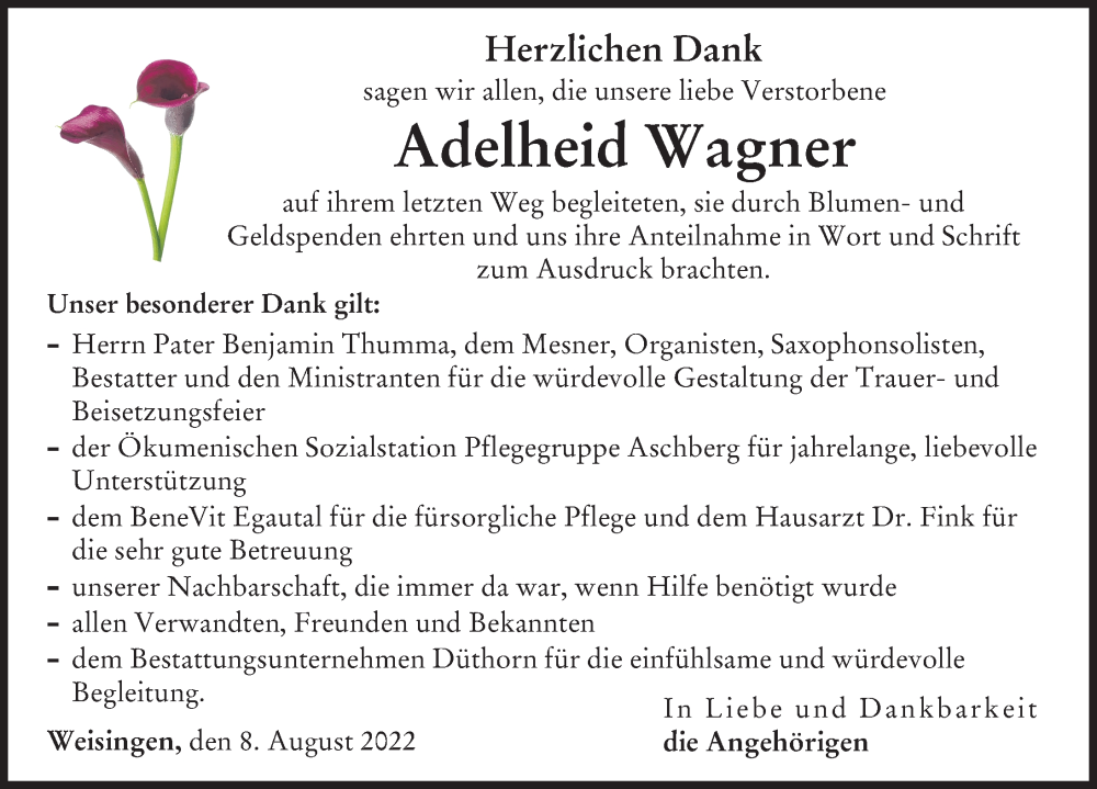 Traueranzeige von Adelheid Wagner von Donau Zeitung