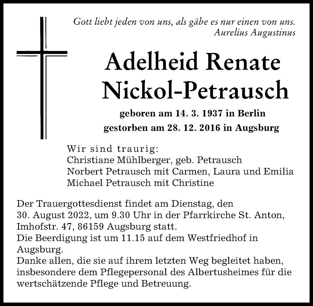 Traueranzeige von Adelheid Renate Nickol-Petrausch von Augsburger Allgemeine