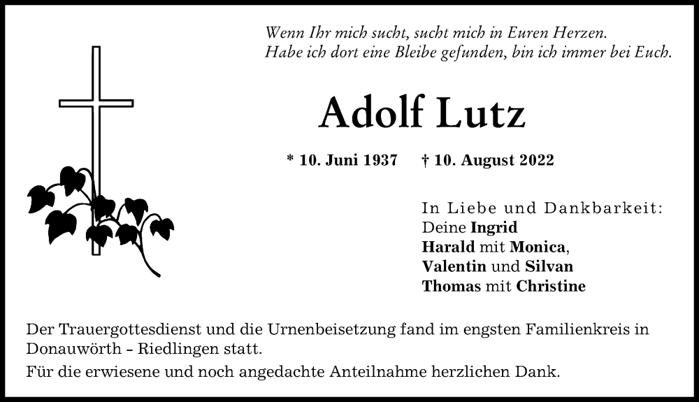 Traueranzeige von Adolf Lutz von Donauwörther Zeitung