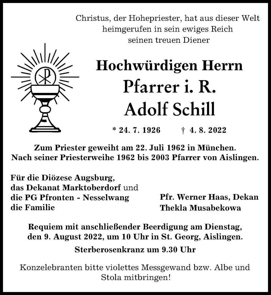  Traueranzeige für Adolf Schill vom 06.08.2022 aus Augsburger Allgemeine