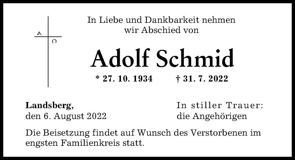 Traueranzeige von Adolf Schmid von Landsberger Tagblatt