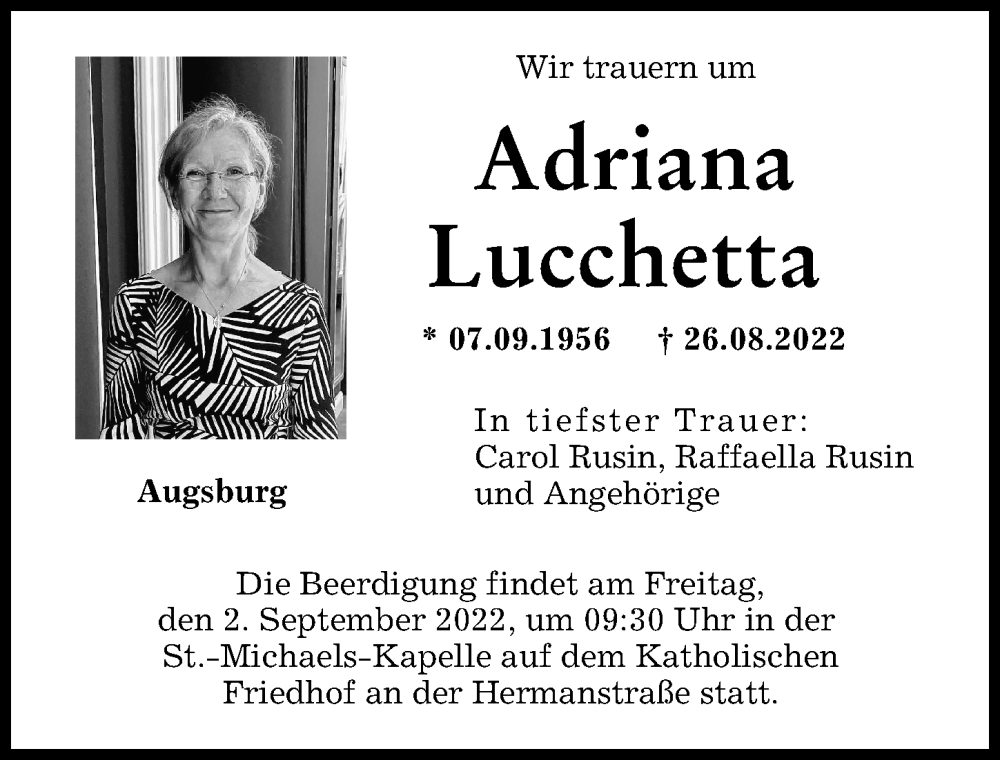  Traueranzeige für Adriana Lucchetta vom 31.08.2022 aus Augsburger Allgemeine