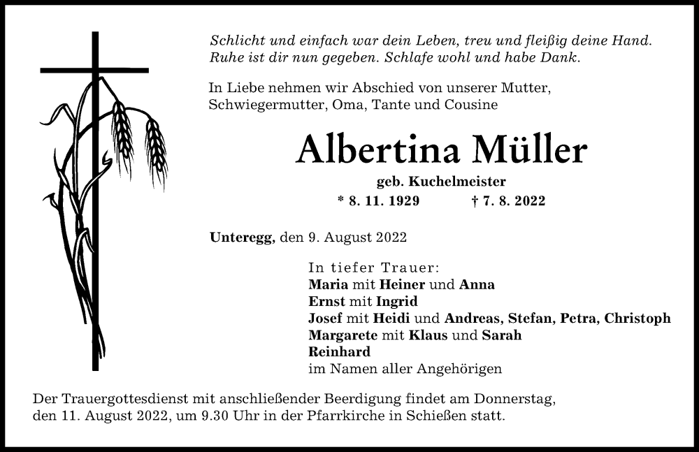 Traueranzeige von Albertina Müller von Neu-Ulmer Zeitung