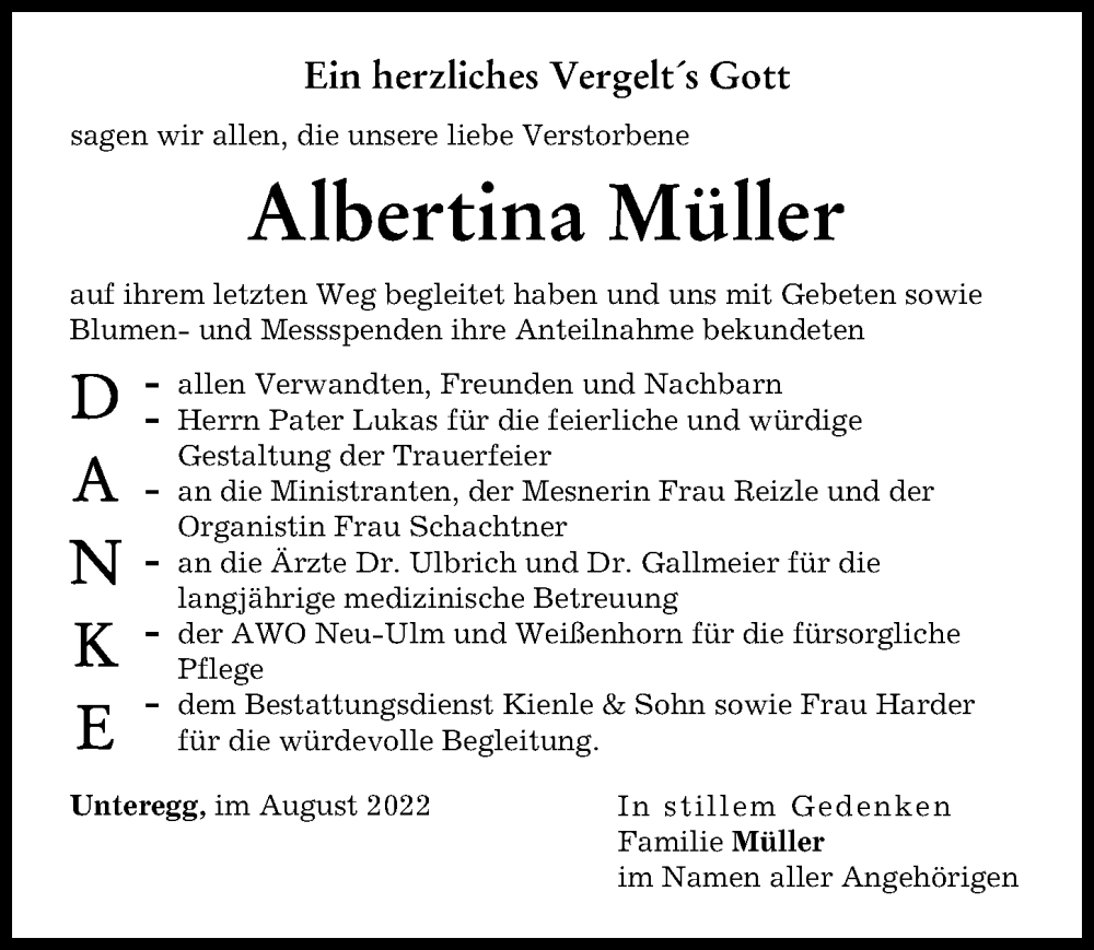 Traueranzeige für Albertina Müller vom 27.08.2022 aus Neu-Ulmer Zeitung