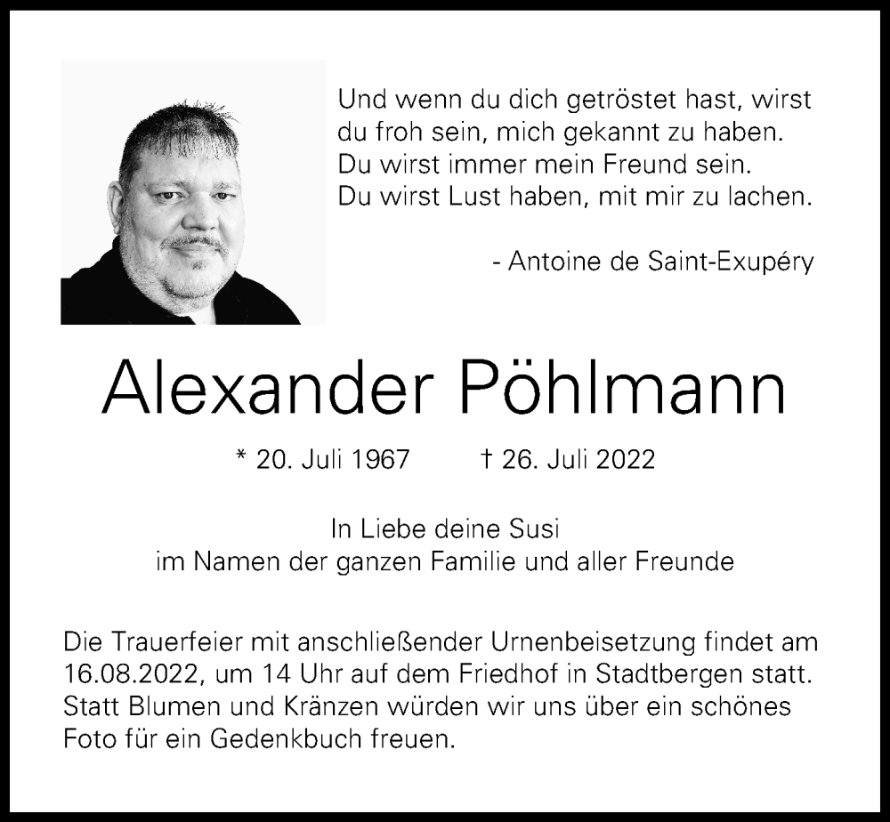  Traueranzeige für Alexander Pöhlmann vom 13.08.2022 aus Augsburger Allgemeine