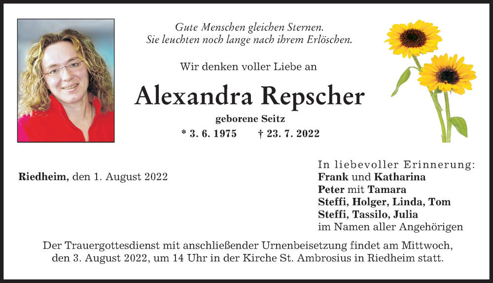  Traueranzeige für Alexandra Repscher vom 01.08.2022 aus Günzburger Zeitung