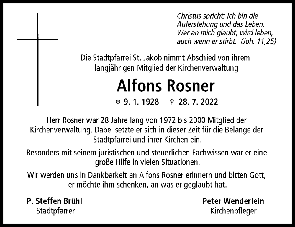 Traueranzeige von Alfons Rosner von Friedberger Allgemeine