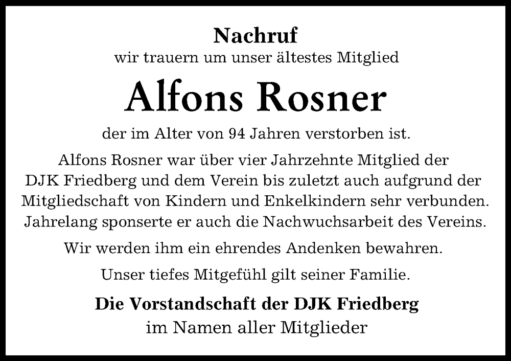 Traueranzeige von Alfons Rosner von Friedberger Allgemeine