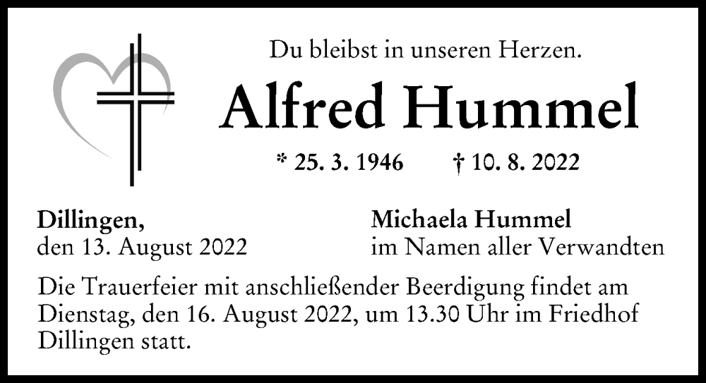 Traueranzeige von Alfred Hummel von Donau Zeitung