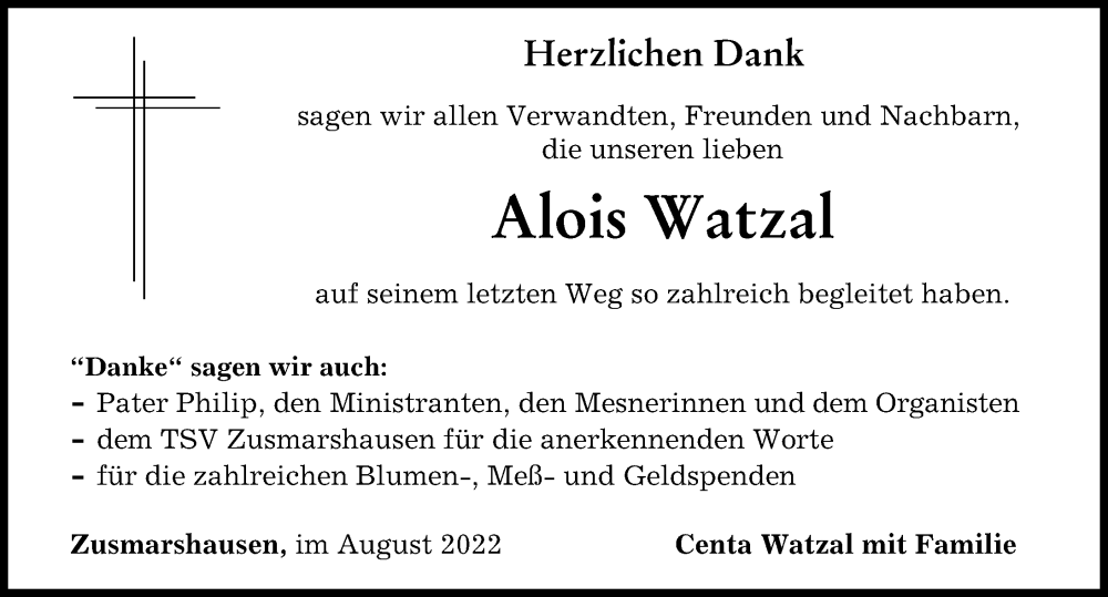  Traueranzeige für Alois Watzal vom 27.08.2022 aus Augsburg-Land