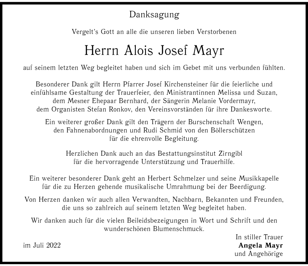 Traueranzeige von Alois Josef Mayr von Ammersee Kurier