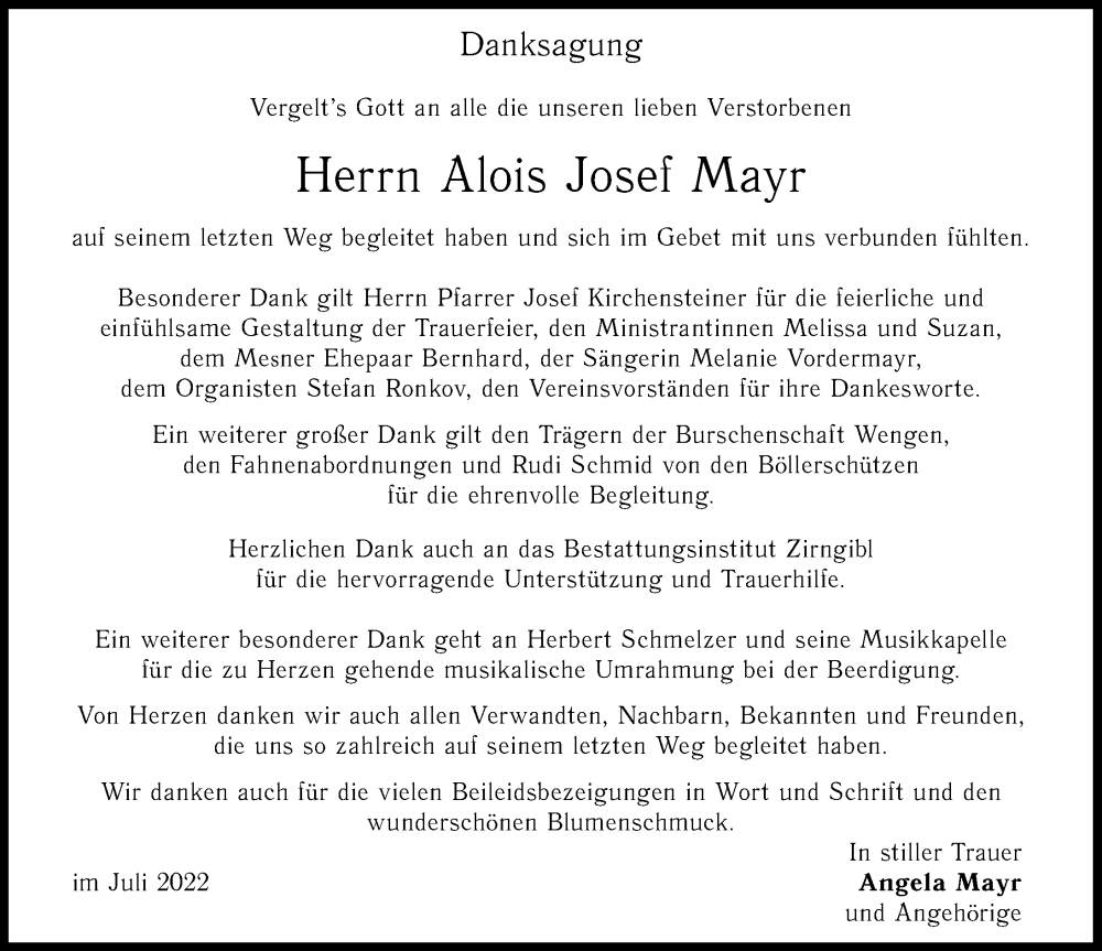 Traueranzeige von Alois Josef Mayr von Landsberger Tagblatt